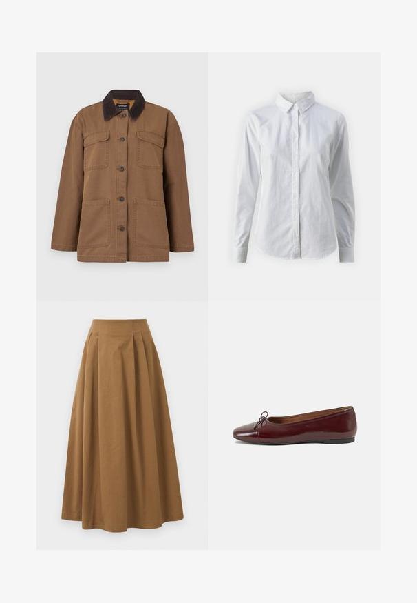 Rjava jakna iz trpežnega blaga, ki ima žametni ovratnik, štiri žepe, zapiranje na gumb in ravno prileganje.; Bela srajca z gumbki, narejena iz gladkega bombaža, s klasičnim ovratnikom, dolgimi rokavi in ukrivljenim robom. Gumbi so majhni in beli.; Rjava bombažna A-linijska krila z visokim pasom, ki vključuje naborke spredaj in gladko teksturo. Robovi so čisti in preprosti.; Burgundska patenti usnjeni baletni čevlji z zaobljenim prstom, majhnim lokom na sprednji strani in nizkim črnim gumijastim podplatom. Gladka tekstura.