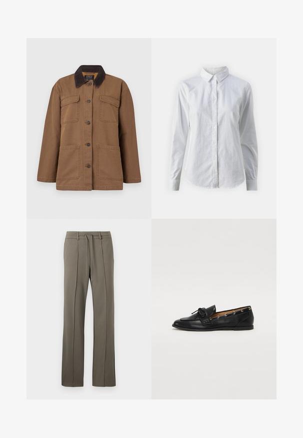 Ruda striukė pagaminta iš tvirto audinio, su švelnia drobine apykakle, keturiomis kišenėmis, mygtukų užsegimu ir tiesiu siluetu.; Balta marškinėliai su mygtukais, pagaminti iš lygios medvilnės, su klasikiniais apykaklės, ilgomis rankovėmis ir lenktu kraštu. Mygtukai maži ir balti.; Chaki kelnės su tiesiogine kirpimo linija, raišteliu talijoje ir dviem priekiniais klostėmis. Pagamintos iš minkšto, tekstūruoto audinio.; Juodi odiniai loafai su surišta mazgeliu, su auksinėmis akytėmis šoninėse dalyse ir plokščiu guminiu padu. Lygus paviršius, klasikinis dizainas.