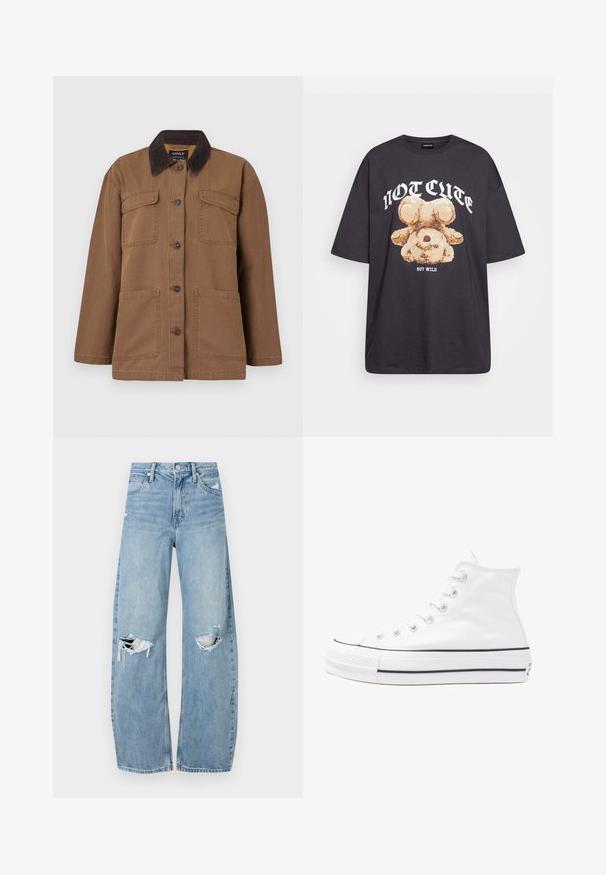 Brun jakke laget av slitesterkt stoff, med cordfløyelskrave, fire lommer, knappelukking og en rett passform.; Svart oversized t-skjorte med en grafikk av en bjørn og teksten "IKKE SØT, MEN VILL" i fet, hvit skrift. Laget av bomull.; Lyseblå høytlivsjeans laget av denim. Har vide bein, to revne knær og klassisk fem-lommers design.; Hvit høy-skinn kanvas sneakers med svart gummisåle, gummitåhette foran og seks hull for snorer, med et rent, minimalistisk design.