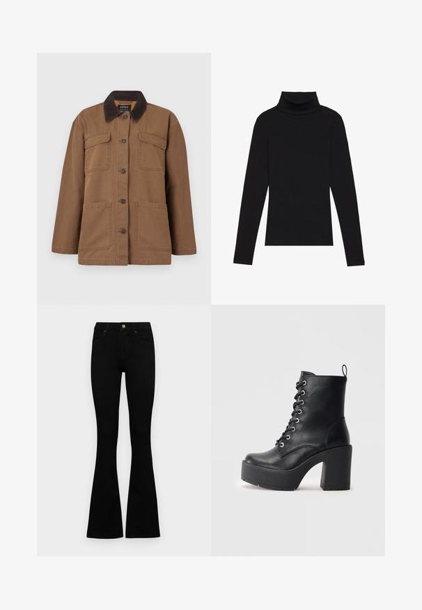 Brun jakke lavet af holdbart stof, med en corduroy-krave, fire lommer, knaplukning og en lige pasform.; Sort højhalset bluse med lange ærmer, lavet af ribbet stof, har et tætsiddende design med en høj krave og uden mønstre eller detaljer.; Sorte højtaljede jeans med knap- og lynlåslukning, forlommer og flagrende ben, lagt fladt på en hvid baggrund.; Sort læder ankelstøvle med en kraftig blokhæl, snørebånd foran og struktureret overflade. Har en flap på bagsiden for nem påtagning.