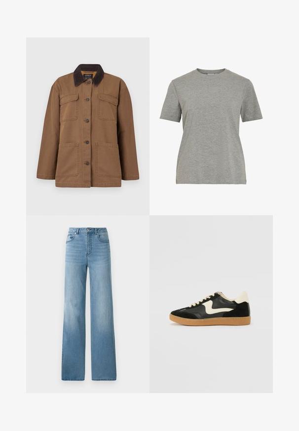 Brun jakke lavet af holdbart stof, med en corduroy-krave, fire lommer, knaplukning og en lige pasform.; Grå bomulds-T-shirt med klassisk rund hals, korte ærmer og en glat tekstur, egnet til afslappet brug.; Lyseblå højtaljede jeans med lige ben. Fremstillet af denim, med fem lommer og knaplukning.; Sorte ruskinds- og lædersneakers med en cremefarvet side-swoosh og lys cremefarvet hæl. Har beige snørebånd og en gummirubber-sål.