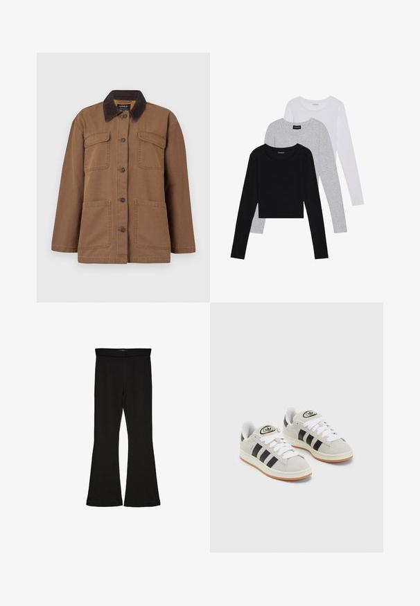 Brown jacket made from durable fabric, featuring a corduroy collar, four pockets, button closure, and a straight fit design.; Three long-sleeve tops stacked: black, grey, and white. Each has a round neckline and a cropped design with smooth, lightweight fabric.; Black flare leggings made from stretchy fabric. Features a wide waistband and a smooth texture, with a fitted silhouette that flares at the hem.; Gray suede sneakers with white laces, black stripes, and a white rubber sole. Features a circular logo on the tongue and a gum sole.