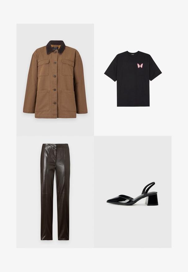 Brūns cimdiņš, izgatavots no izturīga auduma, ar korduroja apkakli, četrām kabatām, pogu aizvēršanu un taisnu griezumu.; Melna kokvilnas T-krekls ar īsām piedurknēm, kuram priekšā kreisajā pusē ir neliels rozā tauriņa grafiskais attēls. Ar apaļu kaklu un brīvā stila piegriezumu.; Tumši brūni taisni ādas bikses ar gludu apdari un smalkiem šuvju detalizējumiem priekšpusē.; Melna lakota āda ar atvērto papēdi, ar smailu purngalu un ģeometrisku blokpapēdi. Iezīmējas elegants, minimāls dizains un gluda tekstūra.