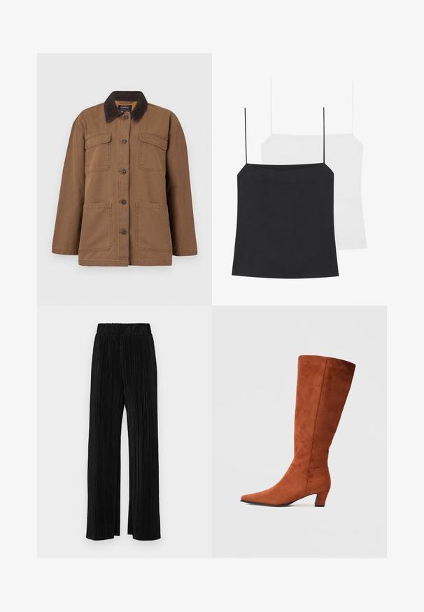 Giacca marrone realizzata in tessuto resistente, con colletto in velluto a coste, quattro tasche, chiusura a bottoni e una vestibilità dritta.; Sono mostrati due top in stile canotta: uno nero e uno bianco. Entrambi hanno spalline sottili e un design aderente realizzato in un tessuto liscio e elastico.; Pantaloni neri a plissé con vita elasticizzata. Presentano gamba ampia e un tessuto liscio e texture con strisce verticali.; Stivale marrone in suede alto fino al ginocchio con punta affusolata e tacco a blocco piccolo, caratterizzato da una superficie liscia e un design minimalista.
