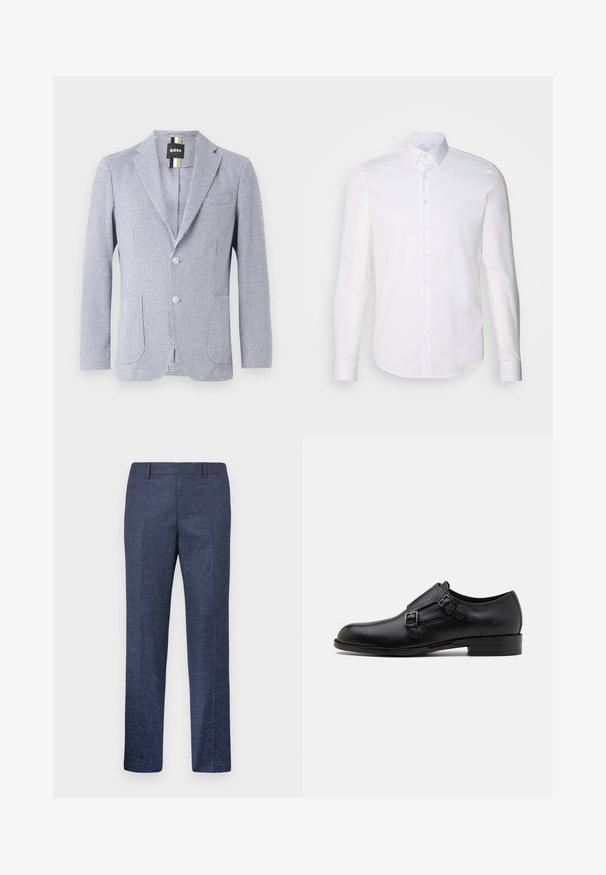 Marynarka w wzór houndstooth w kolorze niebieskim i białym. Posiada klapę typu notch, dwa guziki oraz kieszenie z przodu. Wykonana z teksturowanej tkaniny.; Biała, długosleeve koszula zapinana na guziki z bawełny, z klasycznym kołnierzykiem, guzikami z przodu i minimalnymi detalami przeszycia.; Granatowe spodnie wykonane z teksturowanej tkaniny, z prostymi nogawkami, płaskim przodem i dwoma bocznymi kieszeniami. Brak widocznych wzorów lub akcentów.; Czarne skórzane buty do garnituru z podwójnymi klamrami, smukła sylwetka i okrągły czubek. Posiadają niski obcas i gładką fakturę.