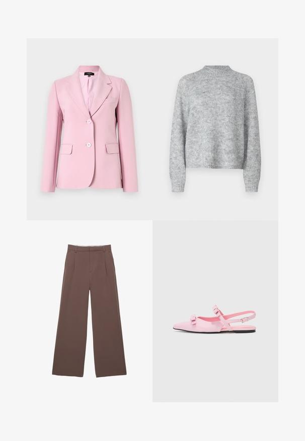 Sacou roz deschis dintr-un material neted, având guler cu vârfuri, două buzunare frontale și două butoane în față.; Pulover gri deschis cu guler înalt, mâneci lungi și croială lejeră. Fabricat dintr-un material tricotat texturat cu variații subtile de culoare.; Pantaloni largi dintr-un material solid de culoare maro, având o textură fină, pliseuri frontale și o talie adaptată. Fără logo-uri sau modele vizibile.; Pantofi slingback plat roz, cu vârf ascuțit și două fundițe decorative. Material sintetic neted, design minimalistic și o curea subțire la glezna.