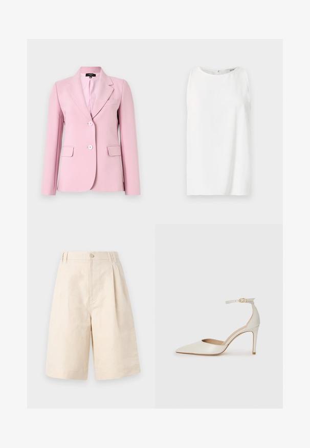 Heled roosa bleiser, mis on valmistatud siledast kangast, märgitud krae, kahe esikoti ja kahe nupuga ees.; Varrukateta valge topp, mis on valmistatud siledast kangast, ümmarguse kaelusega ja sirge lõikega, taga kinnitusega. Lihtne ja minimalistlik disain.; Beezid linane lühikesed püksid, millel on mugav lõige, nupuga sulgemine, volditud disain ja kuni põlve ulatuv lõige. Sile tekstuur ja lihtne stiil.; Valgete nahast kõrge kontsaga kingad, terava varbaga, ankle strapiga ja kitsaste stiletto kontsadega. Sile tekstuur koos peene läikega.