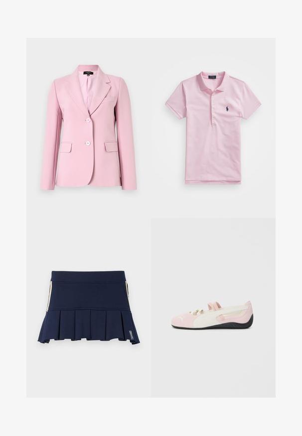 Blazer rosa chiaro realizzato in un tessuto morbido, con colletto a punta, due tasche frontali e due bottoni sul davanti.; Polo shirt rosa in cotone, con colletto classico, tre bottoni, maniche corte e un piccolo logo blu navy sul petto.; Gonna plissettata blu navy realizzata in tessuto elastico, con vita aderente e dettaglio di zip laterale. La cucitura è visibile lungo le cuciture.; Scarpa slip-on in suede rosa con accenti bianchi, suola in gomma e fasce elastiche. Presenta un design 'texture' e un piccolo logo sulla parte anteriore.
