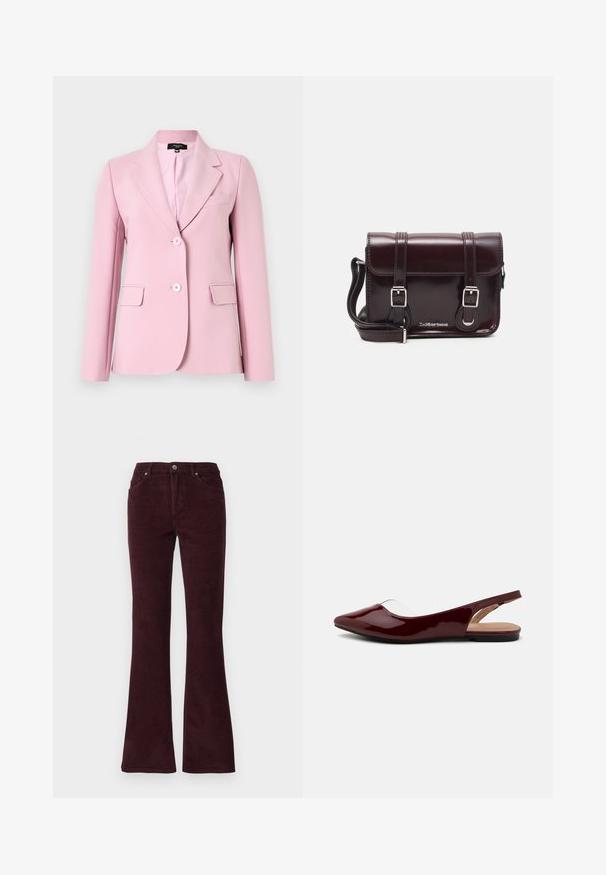 Lichtroze blazer van gladde stof, met een geknipt kraag, twee voorzakken en twee knopen aan de voorkant.; Witte lange mouwen top van ribstof, met een ronde halslijn en een knopenfront met zes doorzichtige knopen.; Bordeaux corduroy flare broeken met een gladde textuur, vijf zakken en een metalen knoopsluiting bij de taille.; Bordeaux gepatenteerde slingback ballerina's met een puntige neus, transparante uitsnijding en een vlakke zwarte zool. Glad textuur, minimalistisch ontwerp.; Bordeaux patent leren crossbody tas met een rechthoekige vorm, twee banden, zilveren hardware en een klep sluiting.