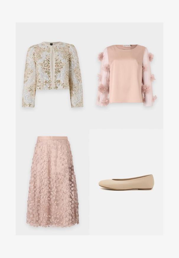 Bestickte, taillierte Jacke in Beige mit blühenden Motiven in Pink, Grün und Blau. Verfügt über lange Ärmel und einen runden Ausschnitt.; Helles rosa Oberteil mit einem einfarbigen Satin-Oberkörper. Durchsichtige Ärmel mit verstreuten Stoffblumen sorgen für Textur und Detail. Rundhalsausschnitt.; Spitzen-Midirock in sanftem Rosa mit floralen Stickereien, ausgelegt mit einem figurbetonten Bund und einem geschichteten Design, das eine zarte Textur betont.; Beige Leder-Ballerina mit runder Zehenform, minimaler Nahtgestaltung, niedrigem Absatz und dezentem Logo auf der Rückseite. Glatte, matten Oberfläche.
