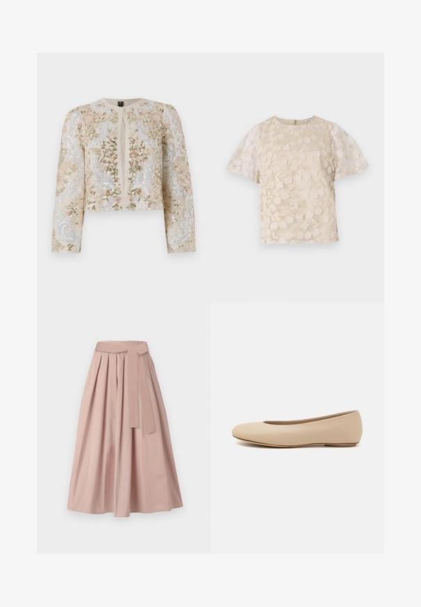 Chaqueta corta bordada en beige con motivos florales en rosa, verde y azul. Presenta mangas largas y un cuello redondo.; Blusa beige con bordado floral, mangas globo translúcidas, cuello redondo y cierre de cremallera en la parte posterior. Patrón floral texturizado en el panel frontal.; Falda midi rosa hecha de tejido estructurado, con pliegues, un cinturón atado en la cintura y una silueta en A. Textura suave sin patrones visibles.; Bailarina de cuero beige con punta redondeada, detalles de costura mínimos, tacón bajo y un sutil logo en la parte trasera. Textura suave y mate.