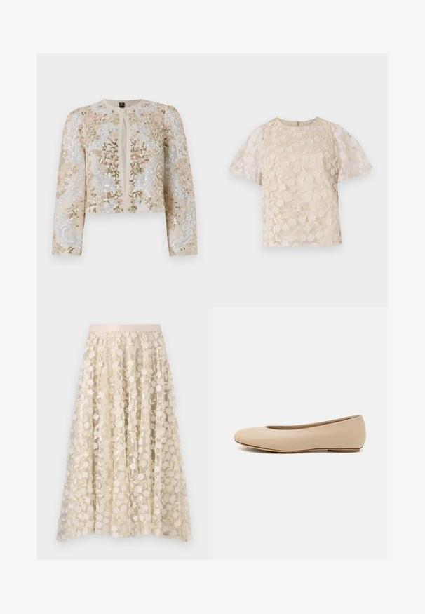 Beige geborduurd cropped jack met florale motieven in roze, groen en blauw. Heeft lange mouwen en een ronde halslijn.; Beige blouse met bloem borduursels, doorschijnende pofmouwen, ronde halslijn en rits op de rug. Getextureerd bloemmotief op het voorpaneel.; Bloemrijke borduursels op een doorschijnende, crèmekleurige rok met een satijnen tailleband. Het ontwerp bevat kleine, delicate bloemen en bladeren.; Beige leren ballerina met een ronde neus, minimale naaidetailing, lage hak en subtiel logo op de achterkant. Gladde, matte textuur.