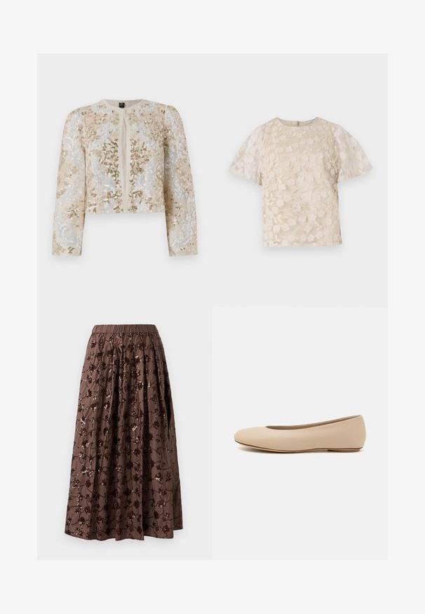 Vyšívaná zkrácená bunda v béžové barvě s květinovými motivy v růžové, zelené a modré. Má dlouhé rukávy a kulatý výstřih.; Beige blůza s květinovou výšivkou, průhlednými nadýchanými rukávy, kulatým výstřihem a zipovým uzávěrem na zádech. Texturovaný květinový vzor na předním panelu.; Hnědá midi sukně s elastickým pasem, zdobená květinovými flitry, s plisovaným designem a hladkou texturou látky.; Béžové kožené baletní byty s kulatou špičkou, minimálním prošíváním, nízkým podpatkem a decentním logem na zadní straně. Hladký, matný povrch.
