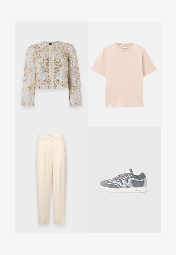 Beżowa haftowana kurtka o kroju crop z kwiatowymi motywami w kolorze różowym, zielonym i niebieskim. Posiada długie rękawy i okrągły dekolt.; Koszulka z krótkim rękawem w jasnym beżu, wykonana z miękkiej bawełny. Okrągły dekolt, luźny krój, z prostym dołem i bez wzorów czy grafik.; Beżowe spodnie o kroju prostym, z fałdami z przodu, gładką teksturą i średnim stanem. Brak widocznych kieszeni.; Szare i białe niskie trampki z sznurówkami, z wzorem "W" po bokach i białą podeszwą z logo "Weekend Max Mara" na pięcie.
