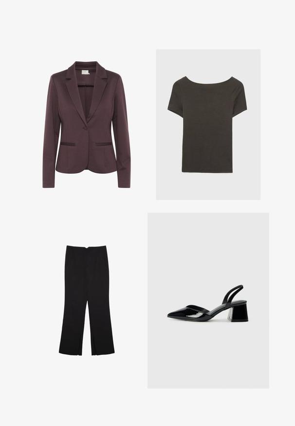 Dark purple tailored blazer with a notched lapel, single button closure, and two front pockets. Smooth fabric with a subtle texture.; Dark grey short-sleeve top with a boat neckline. Made from ribbed fabric, featuring a relaxed fit and clean hemline. Simple design, no patterns.; Black trousers with a straight fit, featuring front pockets and side slits at the hem. Made of soft, smooth fabric. Suitable for various occasions.; Black patent leather slingback heels with a pointed toe and a geometric block heel. Features a sleek, minimal design and smooth texture.