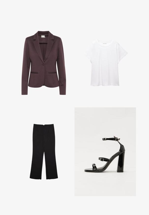 Blazer aderente di colore viola scuro con rever a punta, chiusura con un solo bottone e due tasche frontali. Tessuto liscio con una sottile trama.; T-shirt bianco realizzato in un tessuto morbido e leggero. Presenta un collo rotondo e maniche corte e larghe con vestibilità morbida. Nessun motivo visibile.; Pantaloni neri a gamba dritta, con tasche frontali e spacchi laterali all'orlo. Realizzati in tessuto morbido e liscio. Adatti a diverse occasioni.; Sandali con tacco alto in vernice nera con due cinturini con fibbia, punta quadrata e tacco spesso a blocco, caratterizzati da una texture liscia e lucida.