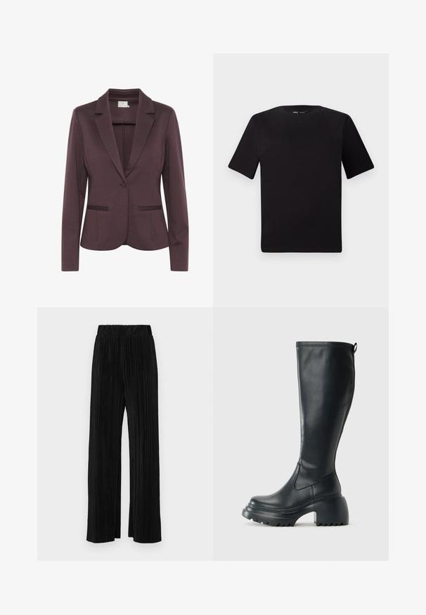 Donkerpaarse op maat gemaakte blazer met een geknipt revers, sluiting met één knoop en twee voorzakken. Glad materiaal met een subtiele textuur.; Zwarte T-shirt met korte mouwen en een ronde hals, gemaakt van zachte katoenstof. Eenvoudig ontwerp, geen zichtbare logo's of patronen.; Zwarte geplooide broek met een elastische tailleband. Beschikt over wijde pijpen en een glad, gestructureerd stof met verticale strepen.; Hoge zwarte leren laars met een chunky plateauzool en blokhak, voorzien van een trekband en een gestructureerd profiel op de buitenzool.