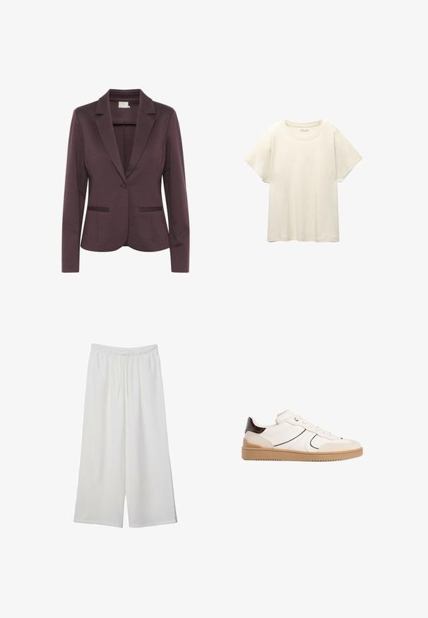 Ciemnofioletowy marynarka dopasowana z wyciętymi klapami, z pojedynczym zapięciem na guzik i dwoma przednimi kieszeniami. Gładki materiał z delikatną teksturą.; Jasno beżowa, krótko rękawowa koszulka z okrągłym dekoltem, wykonana z miękkiego, gładkiego materiału. Posiada luźny krój i prosty dół.; Białe szerokie spodnie wykonane z lekkiego materiału, z elastyczną talią i sznurkiem do regulacji fasonu. Gładka tekstura.; Stradivarius - Sneakersy niskie