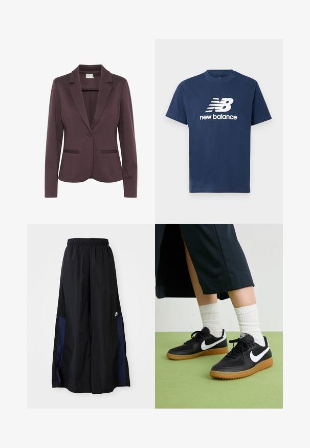 Sacou sofisticat de culoare mov închis, cu rever tăiat, închidere cu un singur nasture și două buzunare frontale. Material neted cu o textură subtilă.; Tricou din bumbac bleumarin, cu mâneci scurte și decolteu rotund. Prezintă un logo alb "NB" și textul "new balance" pe față.; Pantaloni negri cu croi larg, confecționați dintr-un material ușor, având un panou lateral albastru marin și un brâu elastic. Logo mic alb în partea de jos.; Sneakers negre din piele și material sintetic cu logo-ul alb Nike, talpă din cauciuc, vârful rotund și șireturi negre. Șosete albe cu nervuri vizibile.