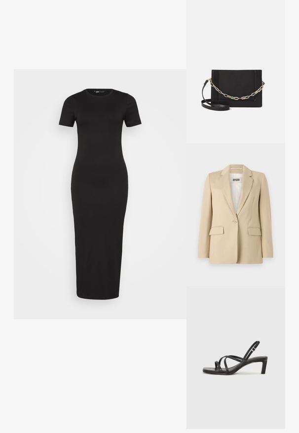 Bež sako s izrezanim reverom, zatvaranjem na jedan gumb, dva prednja džepa i glatkom teksturom. Unutrašnja oznaka jasno prikazuje "DRYKORN."; Crna rebrasta maksi haljina s prilagođenim krojem, kratkim rukavima i okruglim izrezom. Glatka tekstura s punom dužinom.; Crne sandale s trakama, kvadratnim prstom i niskom blok petom. Ima više tankih trakica i podesivu trakicu oko gležnja. Izrađene su od glatke kože.; Crna kožna torba preko tijela s glatkom teksturom, pravokutnim oblikom i metalnim lancem na prednjoj strani. Uključena je podesiva naramenica.