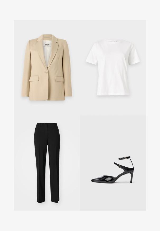 Blazer beige avec revers crantés, fermeture à un bouton, deux poches avant et une texture lisse. Étiquette visible à l'intérieur indique "DRYKORN."; T-shirt en coton blanc à manches courtes, col rond et coupe décontractée. Texture lisse, sans motifs ni accents, design minimaliste.; Pantalon noir ajusté avec une coupe droite, présentant une texture lisse et des plis nets sur le devant. Aucune quincaillerie visible.; Talons en cuir verni noir avec un bout pointu, des sangles de cheville ajustables et un talon fin. Texture lisse avec une finition brillante.