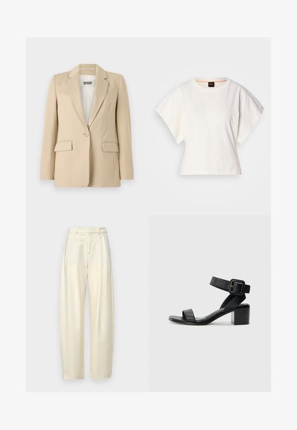 Beżowy żakiet z wykładanymi klapami, zapięcie na jeden guzik, dwie kieszenie z przodu oraz gładka tekstura. Widoczna etykieta wewnętrzna z napisem "DRYKORN."; Biała, krótka koszulka z szerokimi rękawami, wykonana z miękkiej bawełny, okrągły dekolt z delikatnym pomarańczowym wykończeniem, minimalistyczny design, bez wzorów i grafik.; Plisowane, wysokie spodnie w jasnobeżowym materiale. Posiadają prosty krój i gładką fakturę. Brak kieszeni i widocznych elementów metalowych.; Czarne skórzane sandały na obcasie z regulowanym paskiem na kostkę, otwartym noskiem i kwadratowym obcasem. Gładka faktura, minimalistyczny styl.