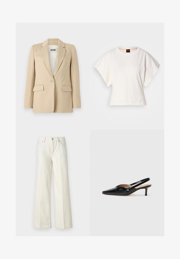 Beige blejzr s klopovými reverzy, zapínáním na jeden knoflík, dvěma předními kapsami a hladkým povrchem. Na vnitřní straně je viditelná etiketa s nápisem "DRYKORN."; Bílý zkrácený T-shirt, krátké široké rukávy, měkký bavlněný materiál, kulatý výstřih s jemným oranžovým lemováním, minimalistický design, bez vzorů nebo grafik.; Široké bílé džíny vyrobené z bavlněné směsi. Obsahují zip, pět kapes a prošívání podél švů.; Černé lakované slingback lodičky se špičatou špičkou, malým podpatkem a výřezovým designem na svršku. Zlaté kovové detaily na straně.