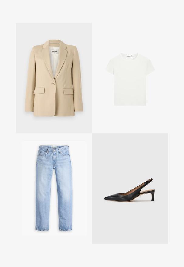 Beiger Blazer mit Reverskragen, Ein-Knopf-Verschluss, zwei Fronttaschen und glatter Textur. Das innen angebrachte Label zeigt "DRYKORN".; Schlichtes weißes T-Shirt mit kurzen Ärmeln und Rundhalsausschnitt in schlanker Passform, flach vor einem weißen Hintergrund präsentiert.; Hellblaue Jeans aus Denim mit geradem Bein, fünf Taschen und einem mittelhohen Bund. Sie verfügen über eine ausgewaschene Textur und einen gesteppten Saum.; Schwarze Leder-Slingback-Pumps mit spitzer Zehenform, niedrigem Absatz und glatter Textur. Verfügt über einen dünnen, verstellbaren Riemen für einen sicheren Sitz.