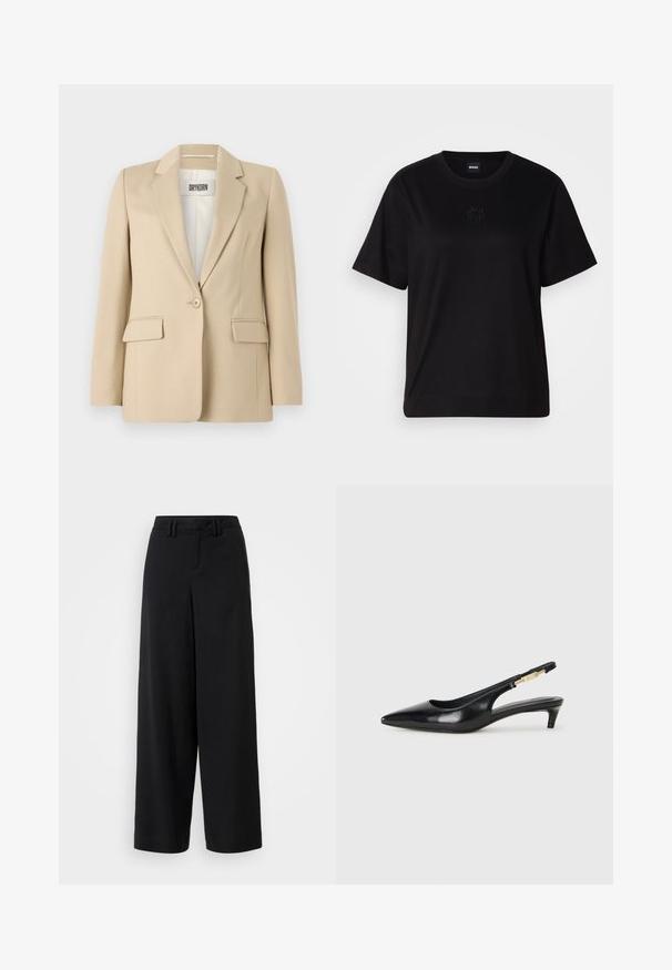 Beige blézer, cápa hajtókával, egygombos záródással, két elülső zsebbel és sima felülettel. A belső címke olvashatóan ezt írja: "DRYKORN."; Fekete pamut póló kerek nyakkivágással, rövid ujjakkal és hímzett logóval a mellkasán. Egyszerű, laza szabás, minta nélkül.; Fekete, széles szárú nadrág sima anyagból, lapos elejű kialakítással, redőzött részletekkel és övhurkokkal a derékrészen.; Fekete bőr slingback magassarkúk, hegyes orral, vékony sarkakkal és arany színű részlettel a állítható pánton. Simа felület.