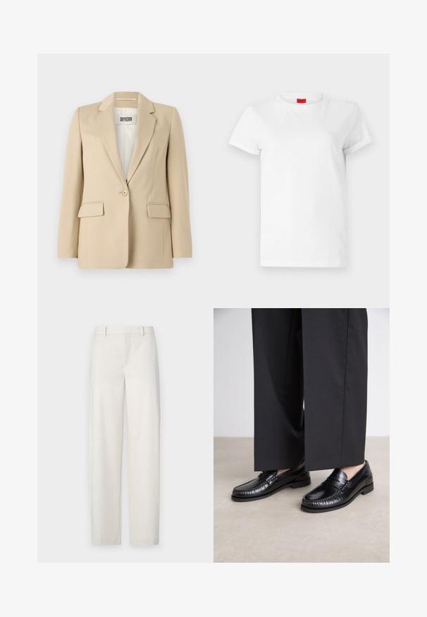 Beige bleiseri, jossa on sahalaitakääntö, yksittäinen napitus, kaksi etutaskua ja sileä pinta. Sisällä näkyvä etiketti lukee 'DRYKORN'.; Valkoinen lyhythihainen t-paita, joka on valmistettu kevyestä puuvillasta. Siinä on pyöreä pääntie ja käännetyt hihat. Kauluksessa on punainen logo-tunnus.; Kirkkaat beige housut, jotka on valmistettu sileästä kankaasta. Siinä on suora leikkaus, litteä etuosa, vyölenkit ja sivutaskut.; Mustat nahka loaferit, joissa on sileä pinta, tikattu yksityiskohta varpaiden ympärillä ja matala kumipohja. Yhdistetty leveiden mustien housujen kanssa.