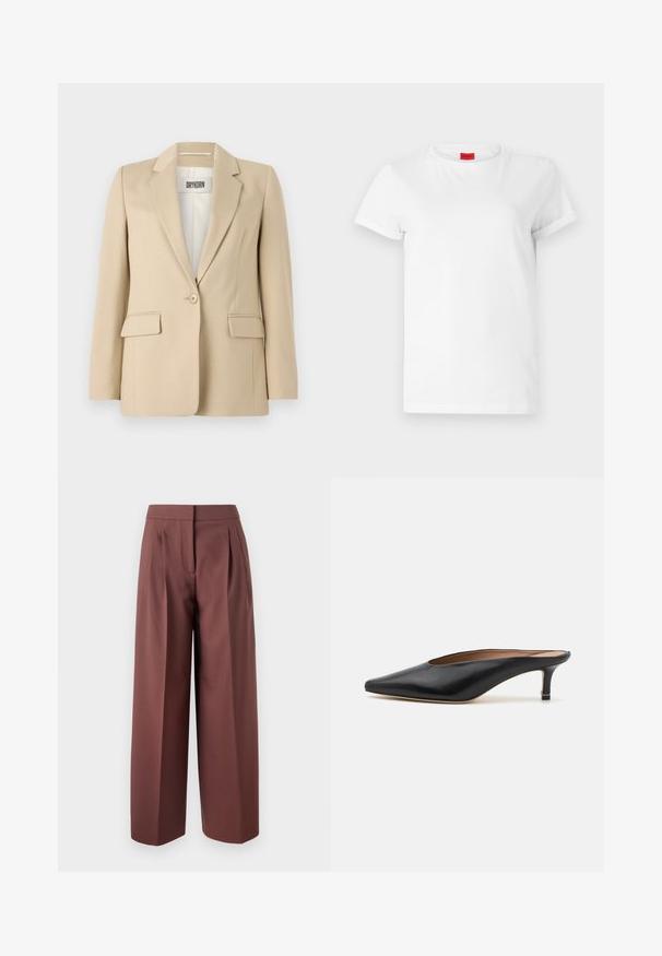 Beiger Blazer mit Reverskragen, Ein-Knopf-Verschluss, zwei Fronttaschen und glatter Textur. Das innen angebrachte Label zeigt "DRYKORN".; Weißes Kurzarm-T-Shirt aus leichtem Baumwollstoff. Hat einen runden Halsausschnitt und umgeschlagene Ärmel. Rotes Logo-Tag am Kragen.; Braune weite Hose mit hoher Taille, versehen mit Falten an der Vorderseite, maßgeschneiderter Schnitt und glatter Stoffoberfläche.; Schwarze Leder-Mules mit spitzem Zehenbereich und niedrigem Blockabsatz. Glatte Textur mit elegantem Design. Offene Rückseite mit minimaler Gestaltung.