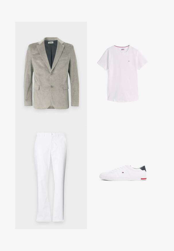 Sacou din catifea gri deschis, cu guler tunica, două butoane, două buzunare frontale și o căptușeală interioară netedă. Patră texturată cu dungi verticale.; Tricou alb cu mânecă scurtă și guler rotund, cu logo mic Tommy Hilfiger pe piept și margine roșie, albă și albastră în interiorul gulerului.; Pantaloni albi din bumbac cu un design drept, buzunare frontale, închidere cu un singur buton și o textură netedă.; Adidași albi cu vârf jos, din piele netedă. Prezintă un toc albastru marine și un accent roșu pe talpă. Șase gauri pentru șireturi.