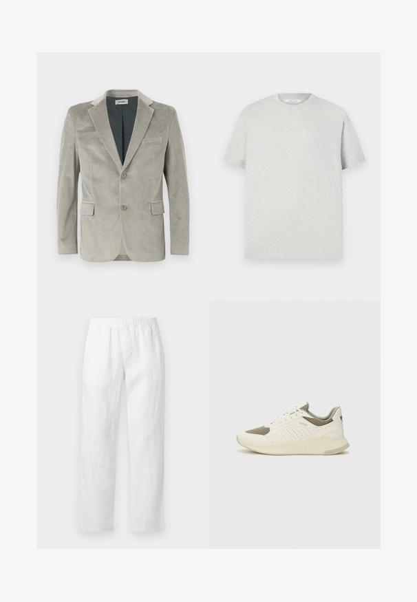 Blazer de corduroy cinza claro com lapela, dois botões, dois bolsos frontais e forro interior suave. Tecido texturizado com riscas verticais.; T-shirt cinza claro de manga curta feito de material suave, com um decote redondo e um corte relaxado, sem padrões ou detalhes visíveis.; Calças de linho branco com cintura elástica, corte reto e textura suave, sem padrões visíveis ou detalhes de ferragens.; Sapatilha atlética branca e bege claro, com parte superior em malha, detalhes perfurados e uma entressola texturizada com marcação no calcanhar.