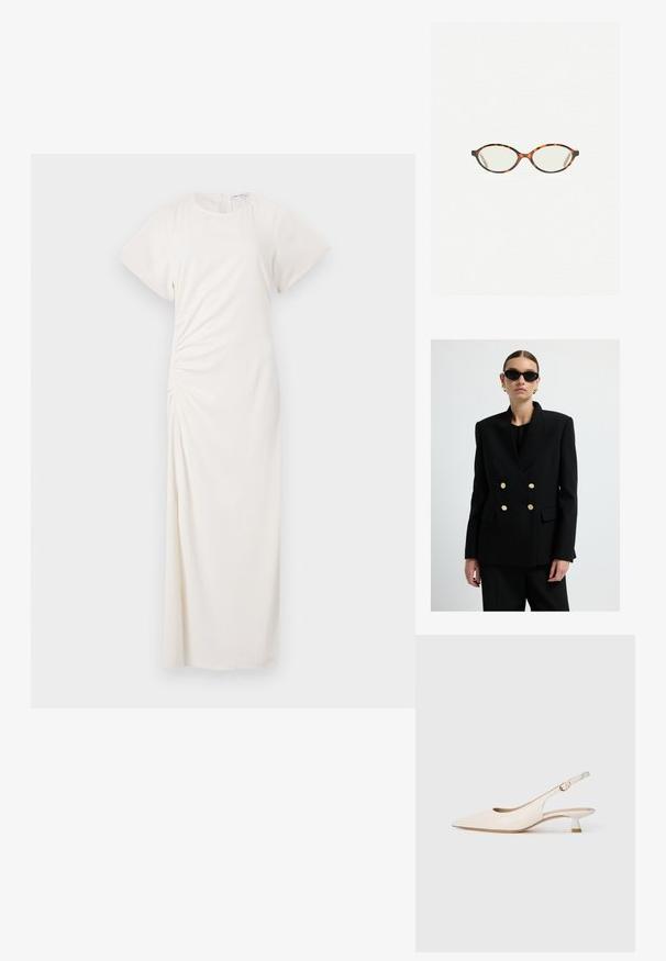 Musta kaksirivinen bleiseri rakenteellisessa kankaassa, jossa on kultanapilla varustettuja yksityiskohtia ja terävä leveä kaulus. Mallilla on päällä mustat aurinkolasit.; Kardigan v-yoksit kremovoy tsvetov, sdelannyy iz pukhlyy chuvstvennogo materiala, s pyat'yu knopkami spередi i ribishtoy obv'yazkoy na rukavakh i po nizu.; Valkoinen mekko, jossa on lyhyet hihat, pyöreä pääntie ja sivuilla röyhelöity yksityiskohta; sileä kangas ja lattiaan asti ulottuva siluetti.; Kreemi värvi teravatootjal rakendusjalats, millel on madal kassi konts ja kuldne pannal, asetatud lihtsal valgel taustal.; Kilpikonnakuosiset silmälasit, joissa on soikeat linssit ja tyylikäs, sileä pinta. Ominaisuudet: ohuet sivut, joissa on hienovarainen kaari temppeleissä. Kirkkaat linssit.