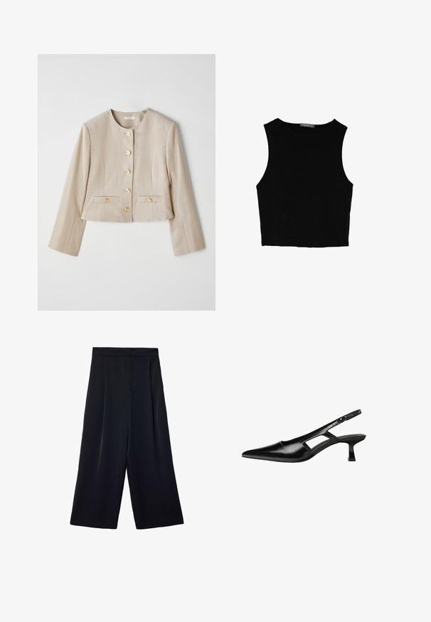 Béžová skrátená bunda vyrobená z textúrovaného materiálu, s okrúhlym výstrihom, šiestimi zlatými gombíkmi a dvoma prednými vreckami s gombíkovými preklopkami.; Čierny bezrukávový crop top vyrobený z hladkej tkaniny, so zaobleným výstrihom a čistým, jednoduchým dizajnom bez vzorov alebo kovania.; Široké čierne nohavice vyrobené z ľahkého materiálu. Majú skladaný predok, vysoký pás a voľný strih okolo nôh.; Čierne lakované kožené lodičky na podpätku s špicatou špičkou, výrezovým dizajnom na boku a malým štvorcovým podpätkom. Hladký povrch s minimálnymi akcentmi.