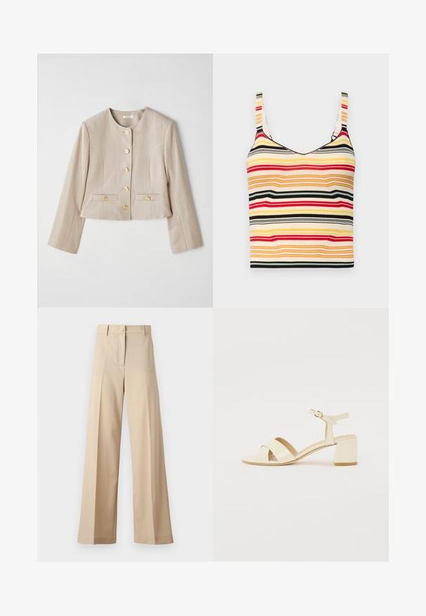 Beige cropped jacket made of textured fabric, featuring a round neckline, six gold buttons, and two front pockets with button flaps.; Striped cropped tank top with wide shoulder straps in yellow, red, black, and cream. Ribbed texture and a rounded neckline.; Beige wide-leg trousers made of smooth fabric, featuring a flat front with pleats, a zip fly, and belt loops. Tailored fit overall.; Beige patent leather heeled sandals with cross strap design, open toe, adjustable ankle strap, and a block heel. Smooth texture.