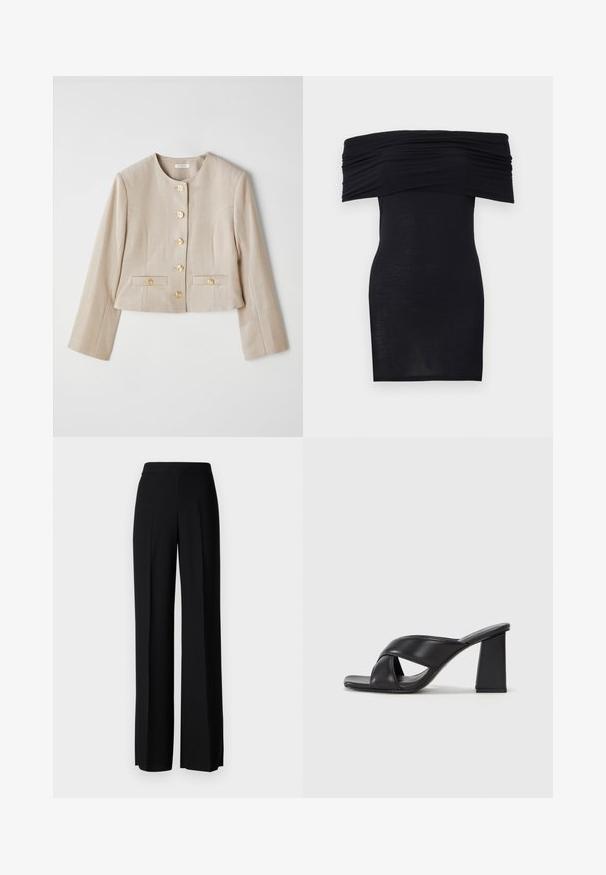 Vaaleanbeige lyhyt takki, joka on valmistettu teksturoidusta kankaasta. Takissa on pyöreä kaula-aukko, kuusi kultahippua ja kaksi etutaskua napin läpillä.; Musta olkapäät paljastava mekko, jossa on rypytetty yksityiskohta rintakehällä, vartalonmyötäinen leikkaus ja sileä, kevyt kangaspinta.; Mustat leveälahkeiset housut, joissa on sileä pinta, korkea vyötärö ja keskiset laskokset. Ei näkyviä kuvioita tai metalliosia.; MAX&Co. SOHO - Korolliset sandaalit - schwarz