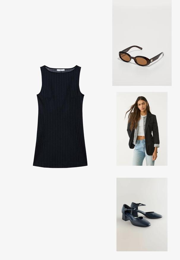Čierny blejzer s prispôsobeným strihom, s jedným gombíkom a dvoma prednými vreckami; skombinovaný so šedým pleteným kardigánom a svetlomodrými džínsami.; Námornícke pruhované šaty bez rukávov s rovnými líniami, obsahujúce bočné vrecká a zaoblený výstrih. Hladká textúra látky.; Navy modré topánky na blokovom podpätku s okrúhlou špičkou, hladkým koženým povrchom, remienkom okolo členka s prackou a otvorenou stranou.; Hnedé korytnačie slnečné okuliare s oválnymi šošovkami, ktoré majú tenký rám a malý kovový akcent na strane. Textúrovaný a lesklý povrch.; Čierna kožená kabelka na rameno s hladkou textúrou, zakriveným tvarom a nastaviteľným popruhom. Obsahuje minimálne švy a jednoduchý dizajn.