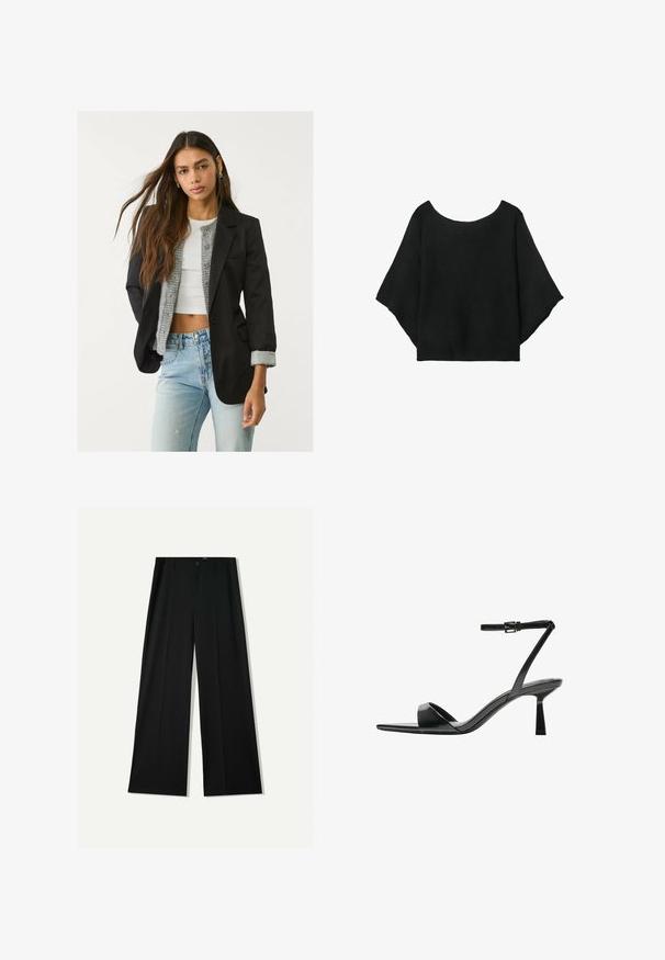 Black blazer with tailored design, single button closure, and two front pockets; paired with a gray knitted cardigan and light blue jeans.; Black knitted top with wide sleeves, a scoop neckline, and a relaxed fit. Fabric has a ribbed texture, with no fasteners or patterns.; Bershka WIDE - Trousers - black; Bershka High heeled sandals - black