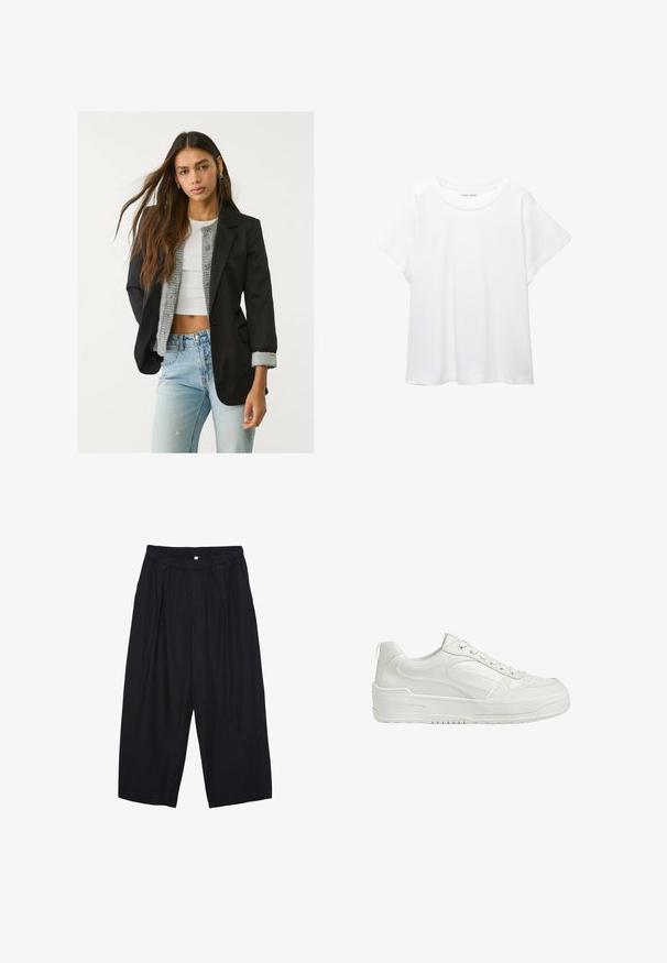 Crni sako s krojem po mjeri, s jednim dugmetom i dva prednja džepa; uparen s sivim pletenim kardiganom i svijetloplavim trapericama.; Bijela majica od mekane, lagane tkanine. Ima okrugli izrez i kratke, široke rukave s ležernim krojem. Bez vidljivih uzoraka.; Crne poliester hlače culotte s elastičnim pojasom, dva prednja nabora i širokim krojem. Nema vidljivih uzoraka ili metalnih detalja.; Bijele kožne tenisice s glatkom teksturom, podstavljenim gležnjem i perforiranim nožnim dijelom. Imaju blago povišeni gumeni potplat i dizajn s vezicama.