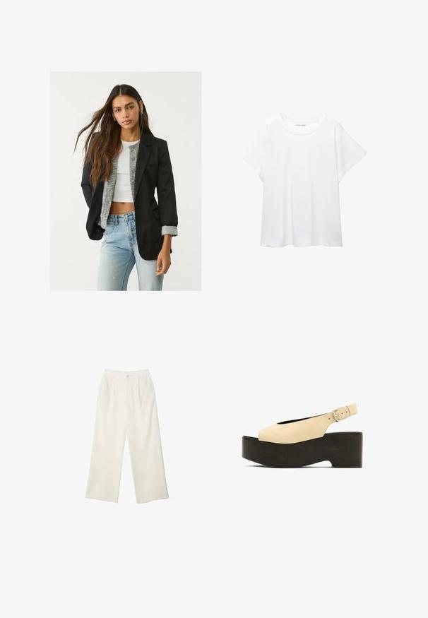 Czarna marynarka o dopasowanym kroju, z pojedynczym zapięciem na guzik i dwoma przednimi kieszeniami; zestawiona z szarym swetrem z dzianiny i jasnoniebieskimi dżinsami.; Biała koszulka wykonana z miękkiej, lekkiej tkaniny. Posiada okrągły dekolt oraz krótkie, szerokie rękawy, zapewniające luźny krój. Brak widocznych wzorów.; Spodnie z szerokimi nogawkami w kremowej tkaninie o gładkiej fakturze, z pojedynczym guzikiem z przodu, subtelnymi plisami i wysokim stanem.; Beżowe zamszowe sandały na platformie z otwartym palcem, z tylnym zapięciem i ciemną drewnianą podstawą, wyposażone w metalową klamrę do regulacji.