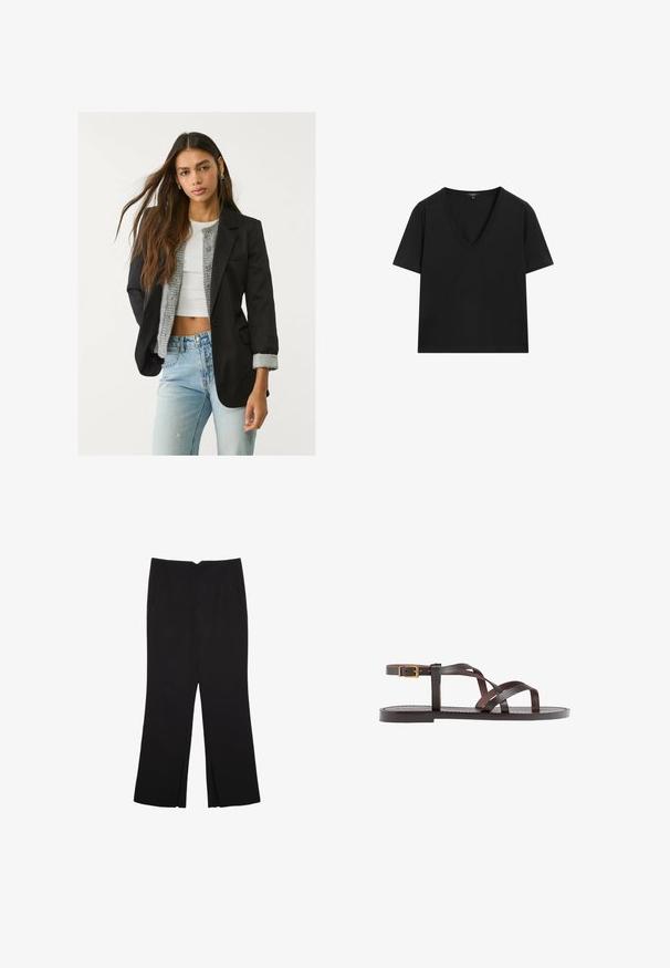 Schwarzer Blazer mit taillierter Passform, Ein-Knopf-Verschluss und zwei vorderen Taschen; kombiniert mit einem grauen Strickcardigan und hellblauen Jeans.; Schwarzes kurzärmeliges V-Ausschnitt-T-Shirt mit einem schlichten, taillierten Design auf einem weißen Hintergrund.; Schwarze Hose mit geradem Schnitt, ausgestattet mit Fronttaschen und Seitenschlitzen am Saum. Hergestellt aus weichem, glattem Stoff. Geeignet für verschiedene Anlässe.; Braune Leder-Sandale mit überkreuzten Riemen, einem Knöchelriemen mit Schnalle und einer flachen Sohle mit minimalen Nähdetails.