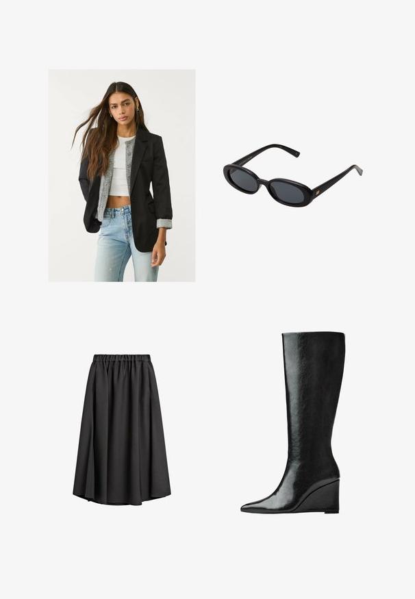 Zwarte blazer met een getailleerd ontwerp, enkele knoopsluiting en twee voorkanten zakken; gecombineerd met een grijze gebreide cardigan en lichtblauwe jeans.; Langsleeve shirt van zachte, lichtblauwe stof. Heeft een brede ronde halslijn en een rechte snit met zijsplitten. Soepele textuur.; Zwarte midi rok van lichtgewicht, vloeiende stof met een elastische tailleband en een lichte A-lijn silhoutte. Geen zichtbare patronen of accenten.; Kniehoge zwarte leren laarzen met een slanke, puntige neus en een wiggle heel. Het oppervlak is glad met een glanzende afwerking.; Zwarte oversized zonnebril met ovale lenzen, een glad plastic montuur en gouden accenten op de pootjes. Donkere lenzen bieden bescherming tegen de zon.; Lichtblauw neplederen handtas met een gestructureerde vorm, gouden hardware accenten, een ritsvak en decoratieve franjes aan de zijkanten.