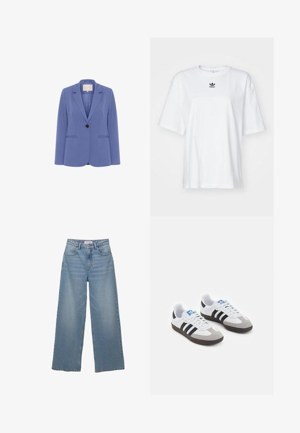 Személyre szabott blézer világoskék szövetből, egy barna gombbal, bemetszett sapkákkal és két elülső zsebbel, sima textúrával.; Fehér, rövid ujjú póló, amely pamutból készült. Kerek nyakkivágással és egy kicsi fekete Adidas logóval rendelkezik a mellkasán. Egyenes fazonú szegély.; Világoskék, bő szárú farmernadrág. Magas derekú, öt zsebes kialakítással rendelkezik, egyenes szabású, minimális kopással.; Fehér bőr felsőrészes sportcipő, szürke velúrból készült orral és három fekete csíkkal. Jellemzője a kék logó a nyelvén és egy texturált gumitalp.