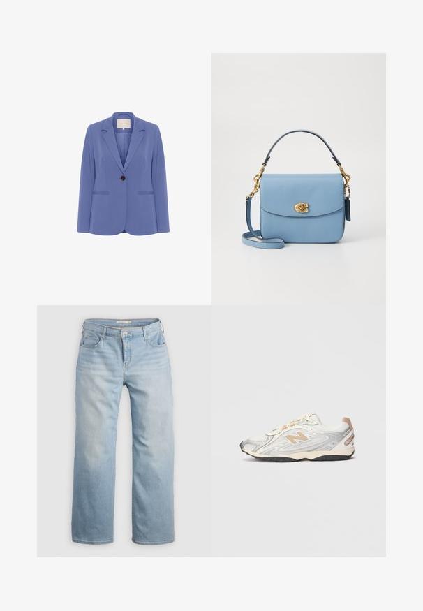 Skræddersyet blazer i lyseblåt stof, med en enkelt brun knap, klapkraver og to forreste lommer med en glat tekstur.; Hvid kortærmet t-shirt med rund hals, lavet af blødt og glat bomuldsstof, med en lige kant og minimal detaljering. Enkel og alsidig design.; Lyseblå vide jeans lavet af denim. Har høj talje, fem lommer og kontrastsyede detaljer. Glat tekstur med en slidseffekt.; Sportsko i let grå med sølv accenter, mesh-overdel, beige detaljer og sort gummisål. Har snørebånd og polstret krave.; COACH CASSIE CROSSBODY BAG - Håndtasker - blue
