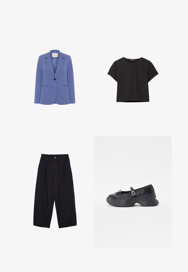 Prilagojen blazer v svetlo modri tkanini, z enim rjavim gumbom, zareznimi reverji in dvema sprednjima žepoma z gladko teksturo.; Črn kratki top s kratkimi rokavi, narejen iz mehkega materiala, z okroglo izrezom in sproščenim krojem ter čistim robom.; Črne poliesterske culotte hlače z elastičnim pasom, dvema sprednjima nabiranjema in ohlapnim krojem. Brez vidnih vzorcev ali kovinskih detajlov.; Črne usnjene Mary Jane čevlje z zaobljenim nosom, podrobnostjo v obliki pentlje in nastavljivim gležnjenjskim trakom. Imajo masiven gumijast podplat s konkavnimi detajli.