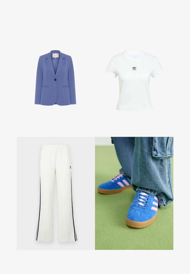 Op maat gemaakte blazer van lichtblauwe stof, met een enkele bruine knoop, afgesneden revers en twee voorzakken met een gladde textuur.; Witte katoenen T-shirt met korte mouwen en een ronde hals. Voorzien van een zwart Adidas-logo op de borst. Eenvoudig, minimalistisch ontwerp.; Lichtcrèmekleurige, kabelgebreide broek met een uitlopende pasvorm. Voorzien van donkerblauwe zijstrepen en een Adidas-logo op de heup. Elastische tailleband.; Blauwe suède schoenen met roze strepen en witte veters, voorzien van een gumrubberen zool, gecombineerd met losse denim broek op een groene ondergrond.