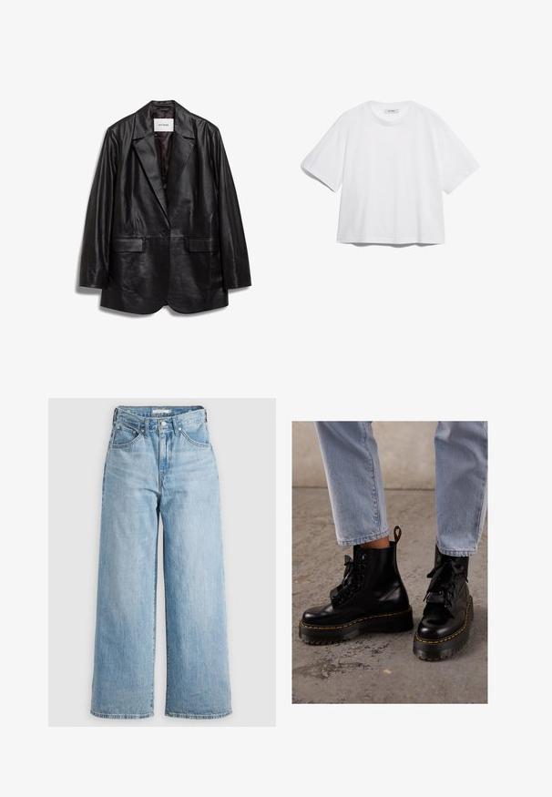 IVY OAK LOUISE - Short coat - black; White cotton t-shirt with short sleeves, round neckline, relaxed fit, and no visible patterns or graphics. Smooth texture and simple design.; Light blue wide-leg jeans with a high waist, made of denim fabric. Features a classic five-pocket design and metal hardware.; Black leather ankle boots with a chunky sole, round toe, ribbon laces, yellow stitching, and a pull tab at the back.