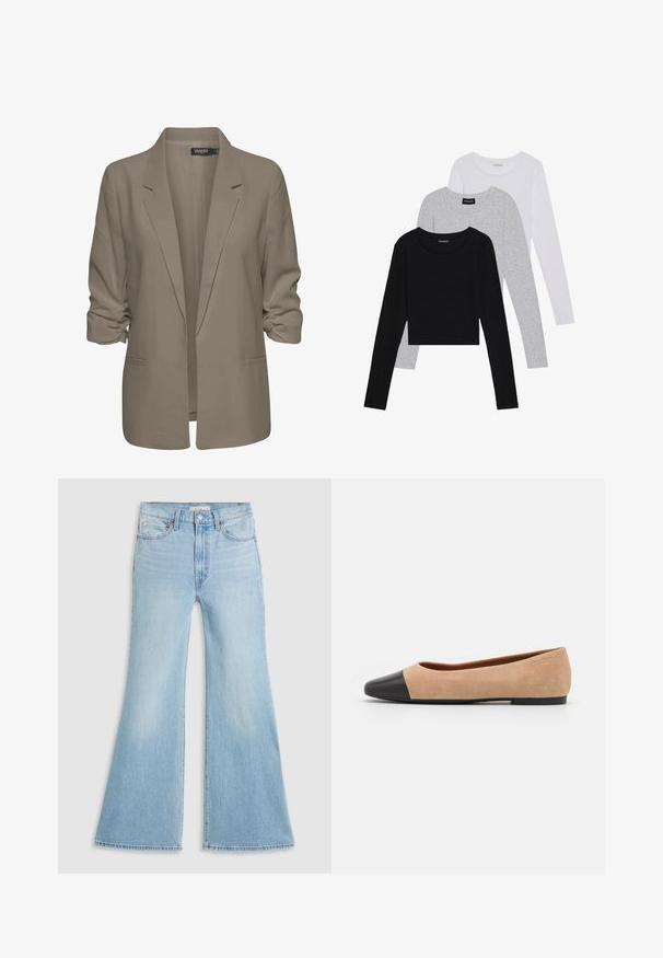 Beige loose-fitting blazer, made of smooth fabric, features rolled sleeves, two side pockets, and a notched lapel design.; Three long-sleeve tops stacked: black, grey, and white. Each has a round neckline and a cropped design with smooth, lightweight fabric.; Light blue flared jeans with a high waist, made of denim. Features a classic five-pocket design and a raw hem at the cuffs.; Beige suede ballet flat with a black leather rounded toe cap, low heel, and smooth texture, featuring minimal stitching and a clean design.