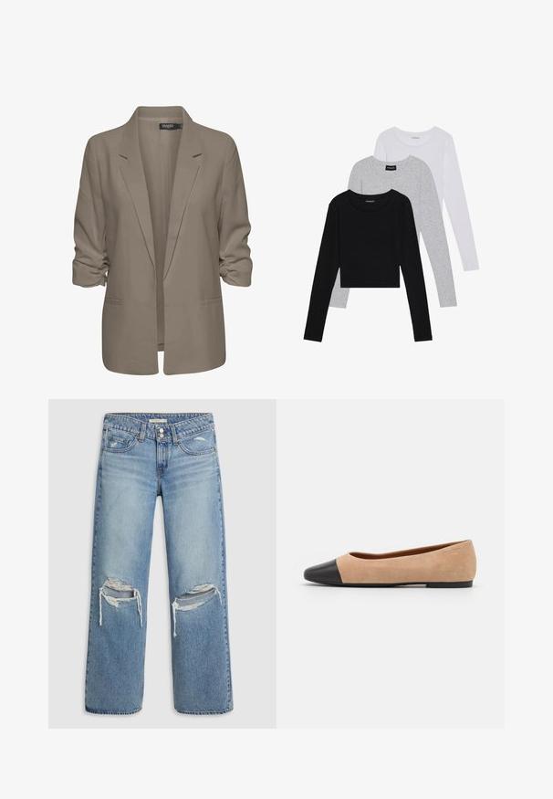 Beige, lockere Blazer aus glattem Stoff, mit umgeschlagenen Ärmeln, zwei seitlichen Taschen und einemreversierten Kragen.; Drei langärmelige Oberteile gestapelt: schwarz, grau und weiß. Jedes hat einen runden Halsausschnitt und ein kurzes Design aus glattem, leichtem Stoff.; Hellblaue Denim-Jeans mit geradem, weitem Bein, die an den Knien deutliche Risse und ausgefranste Kanten aufweisen. Mit Knopf- und Reißverschluss.; Beige Wildleder Ballerina mit einer runden Zehenkappe aus schwarzem Leder, niedrigem Absatz und glatter Textur, mit minimaler Nahtverarbeitung und klarem Design.